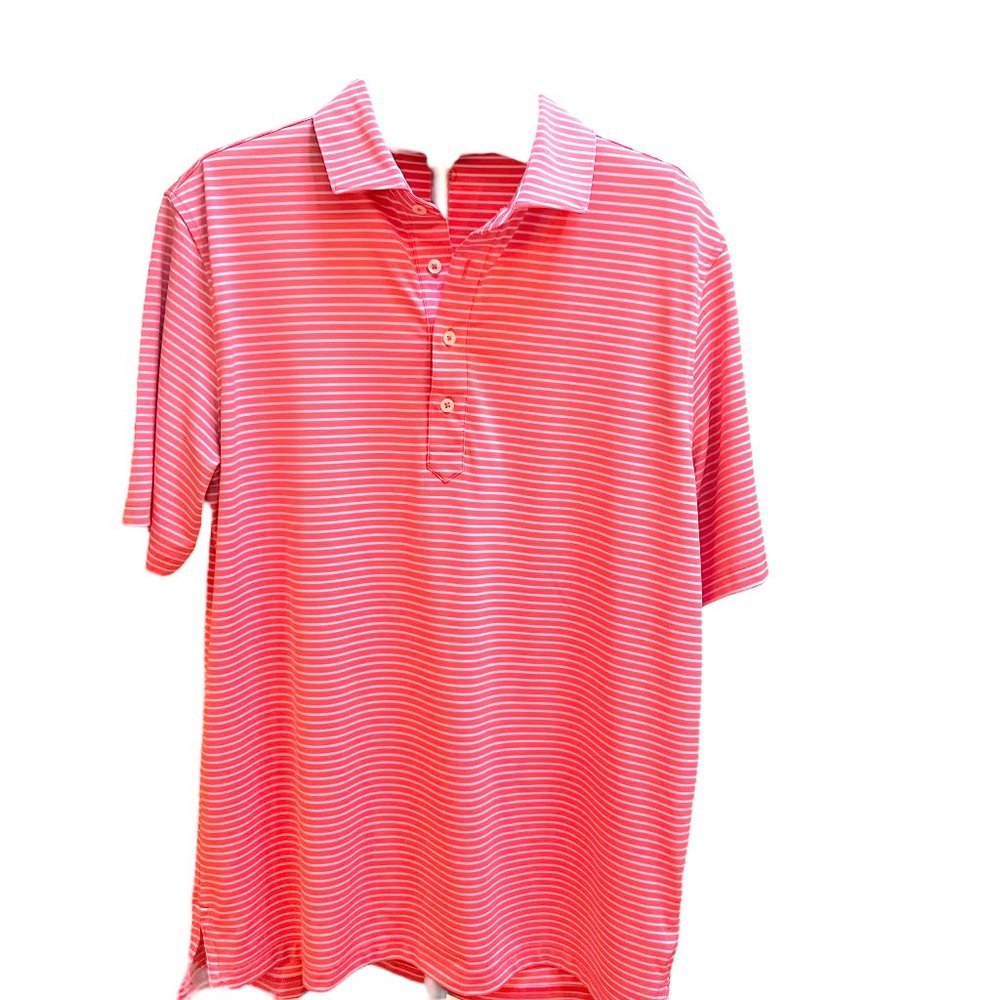 Stitch /Men's Golf Short Sleeve Shirt /M-L/  Salmon w/ White Stripes